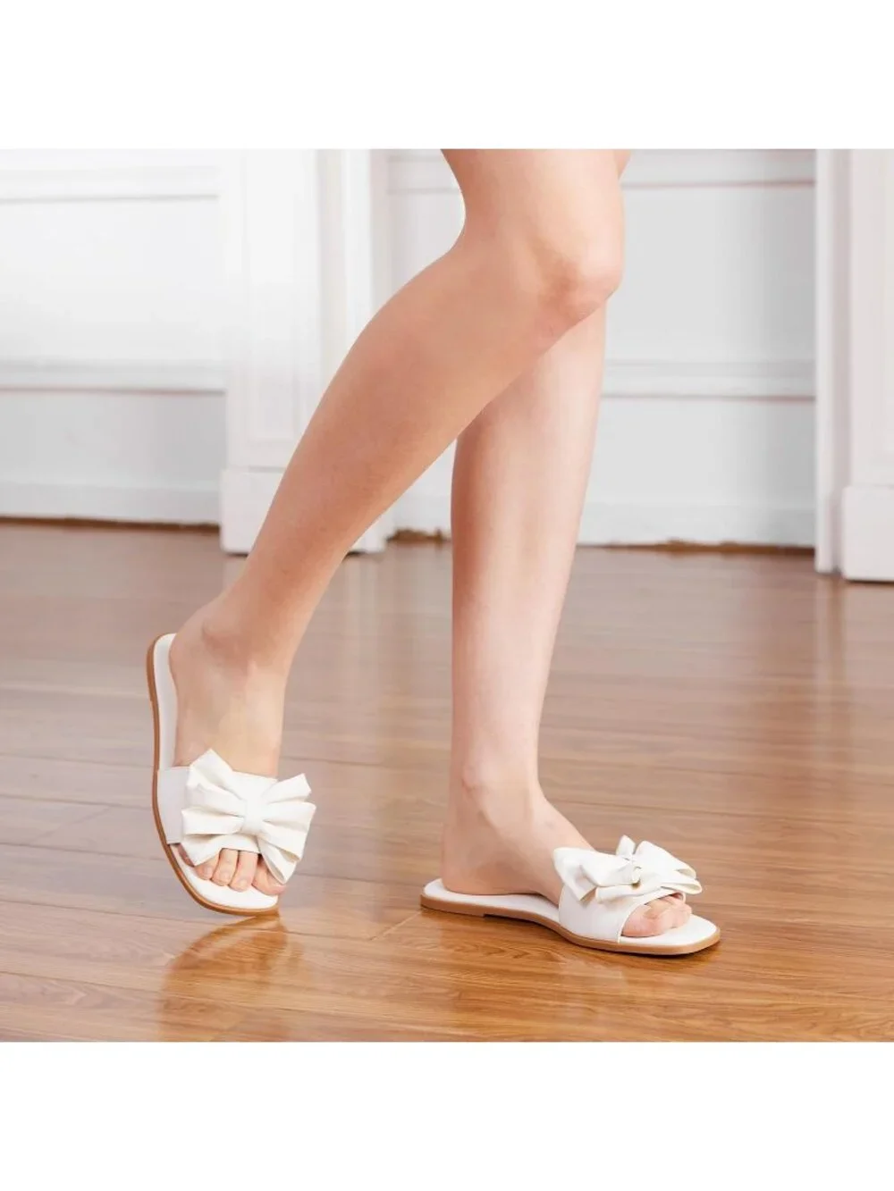 Women's White Faux Leather Bow Flat Sandals Open Saquare Toe Comfortable Slides